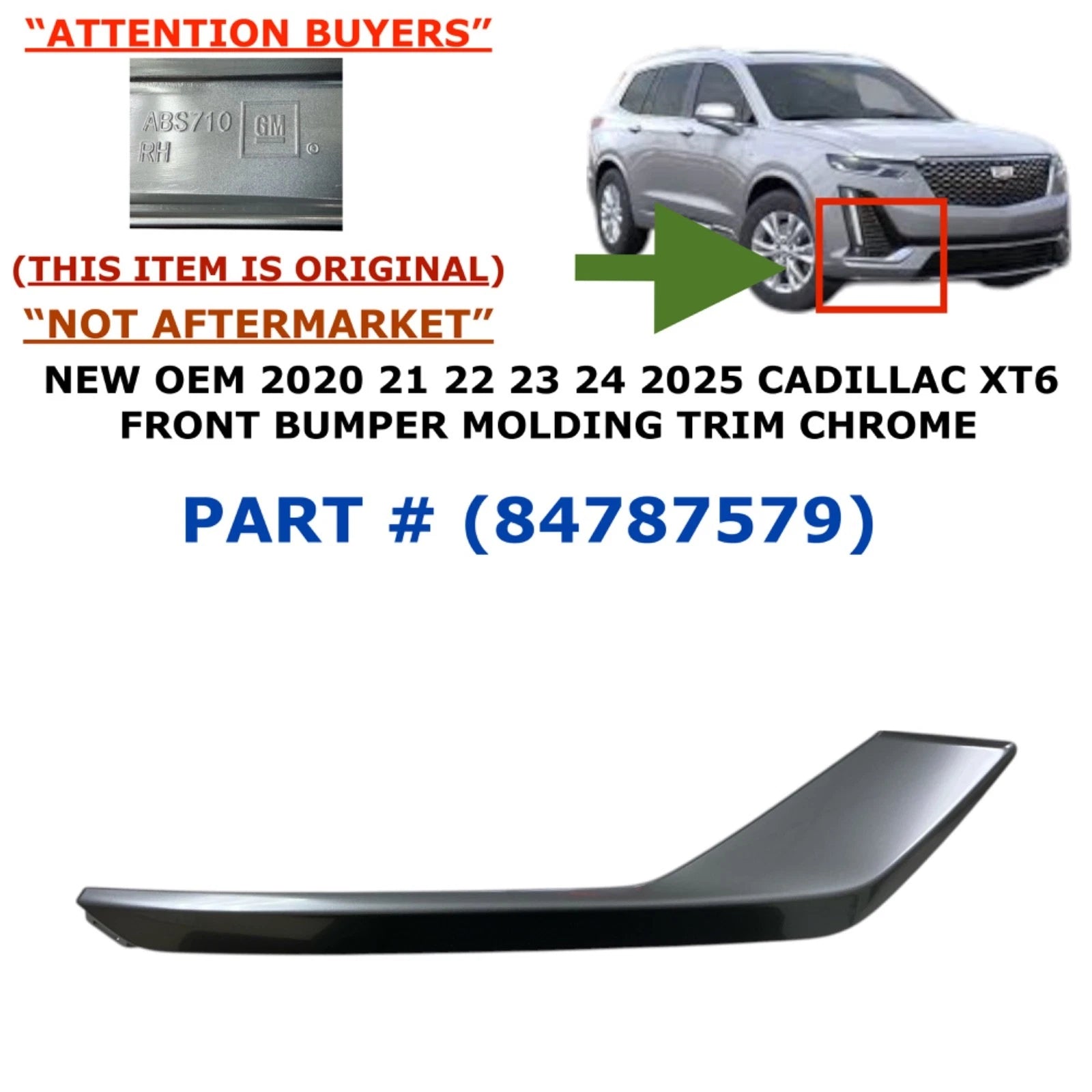 Front Right Side Bumper Molding Trim for Cadillac XT6 (2020–2025)