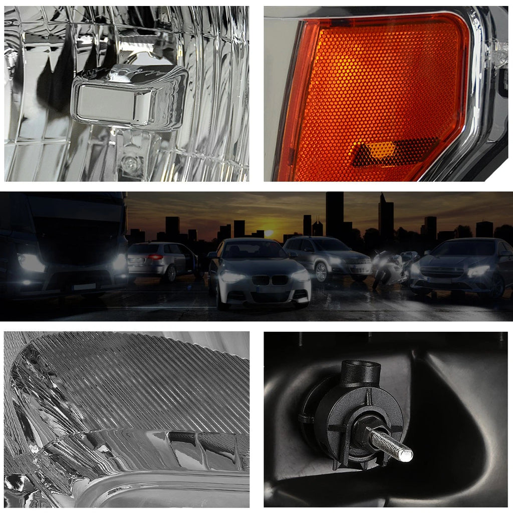 Chrome Housing Headlight & Amber Side Corner Lamps for Ford F150 (2009–2014)