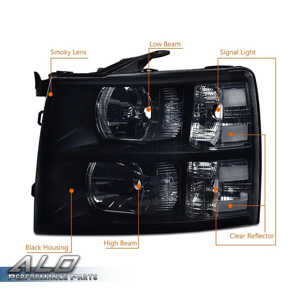 Smoke Lens Black Housing Headlights for Chevy Silverado 1500/2500/3500 (2007–2013)