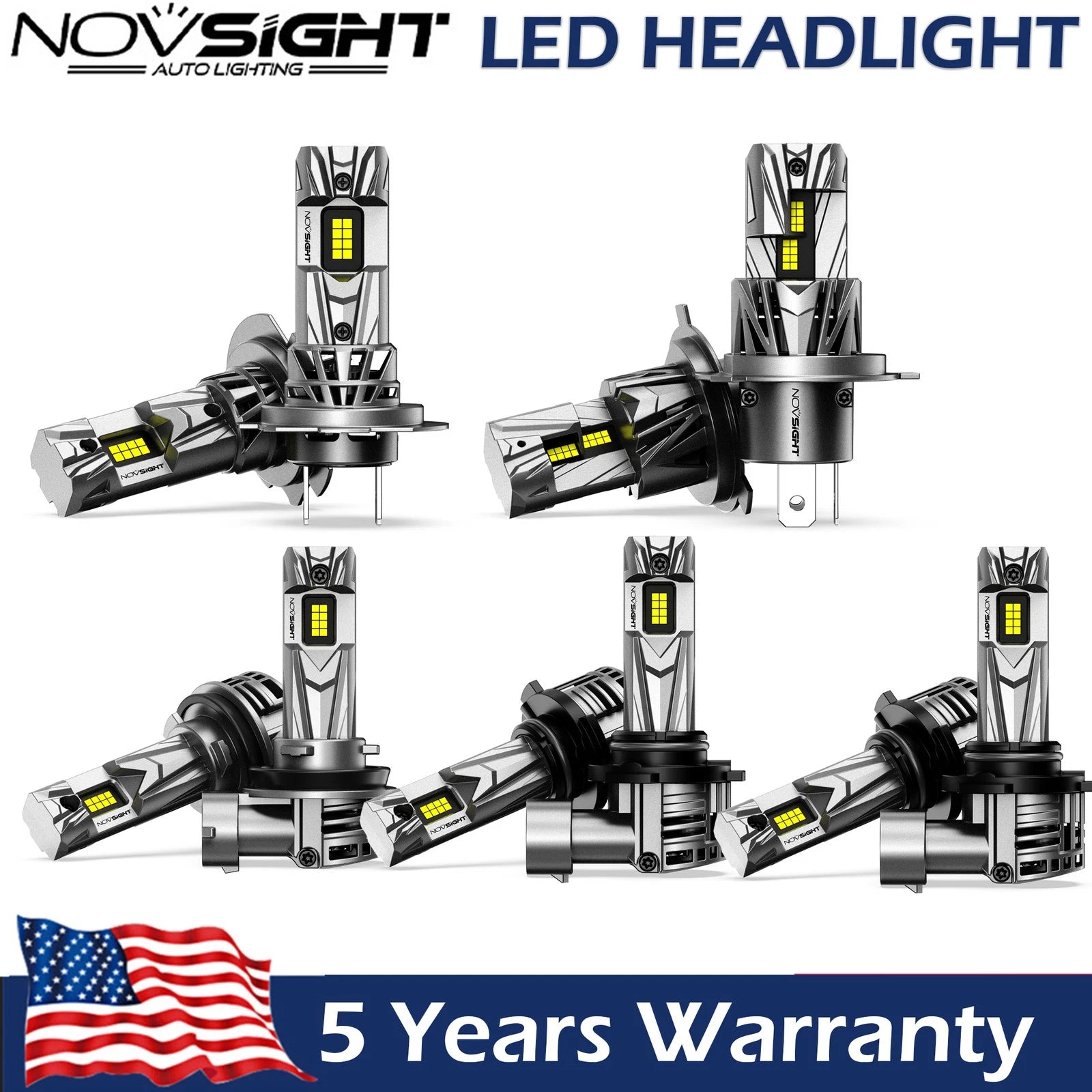 Set of 5 LED Headlight Bulbs for H11 H4 H13 H7 9005 9006 (6500K)