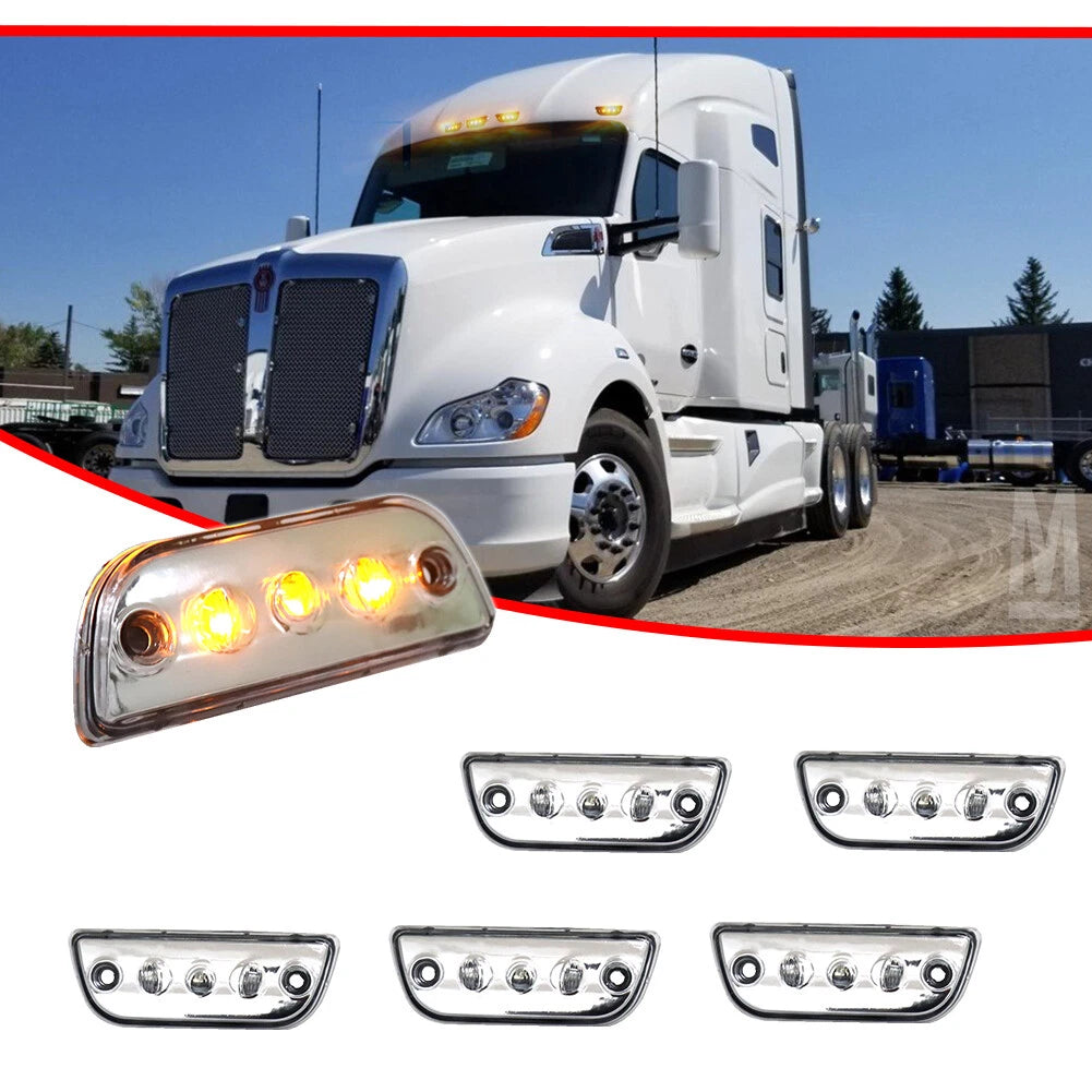 5pc Clear Lens Chrome Amber LED Roof Clearance Marker Lights for Kenworth T680 (2017–2023)