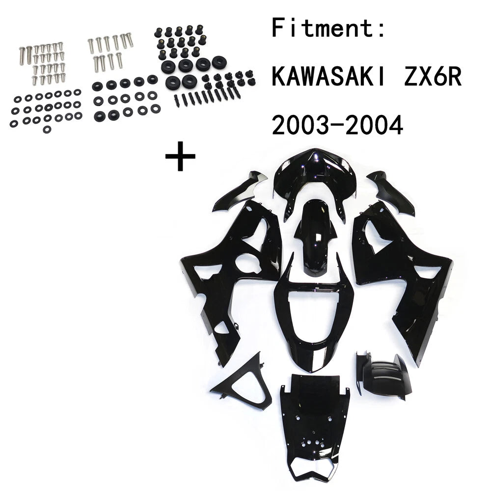 Fairing Kit for Kawasaki ZX6R (2003–2004) - Gloss Black ABS, Includes Screws