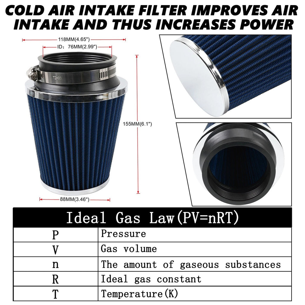 3" 76mm Universal High Flow Dry Air Filter Cold Air Intake Cone