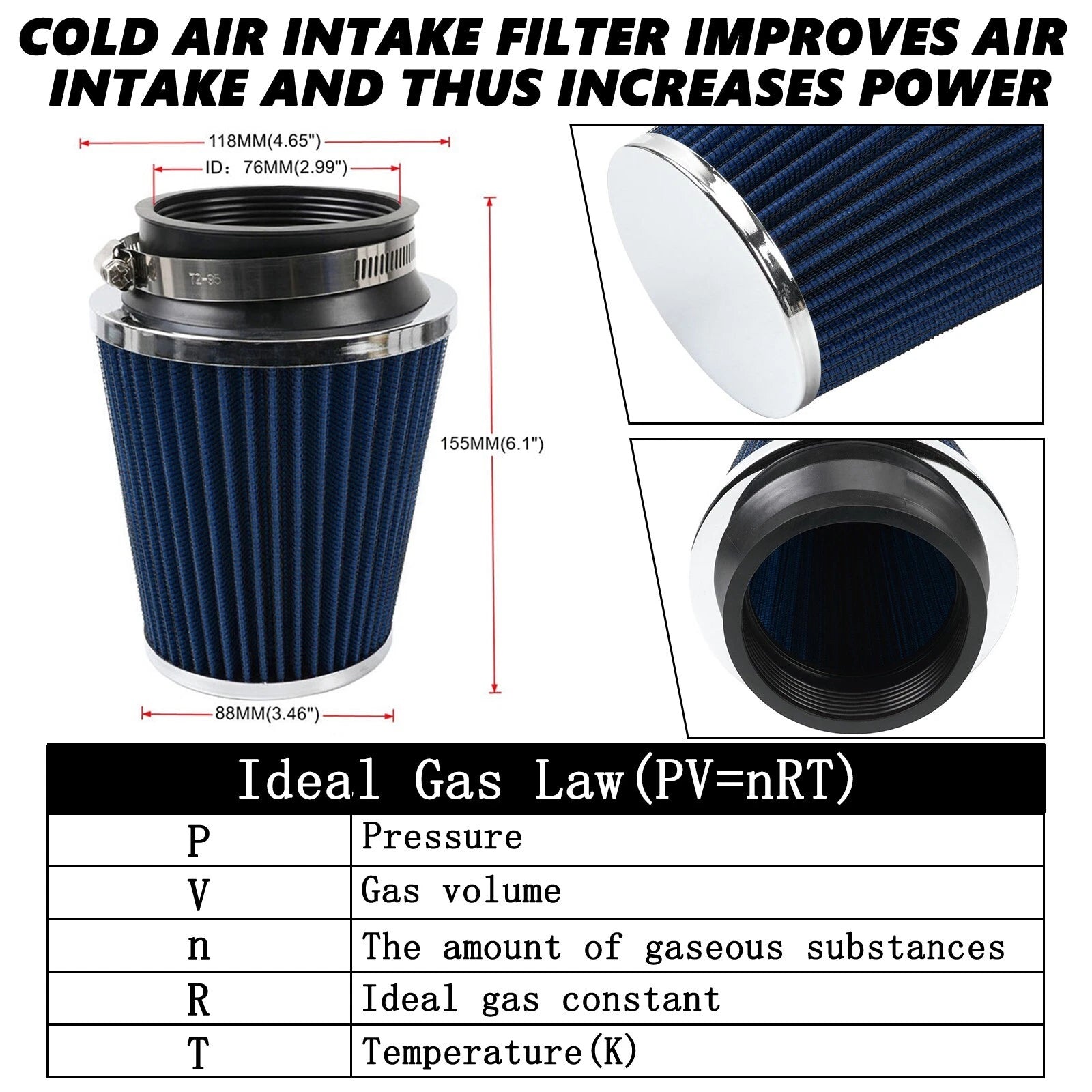 3" 76mm Universal High Flow Dry Air Filter Cold Air Intake Cone