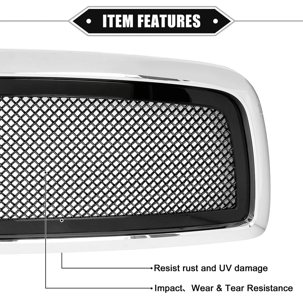 Front Grille Assembly for Dodge Ram 1500 (Chrome, Silver Tone, Gloss Black)