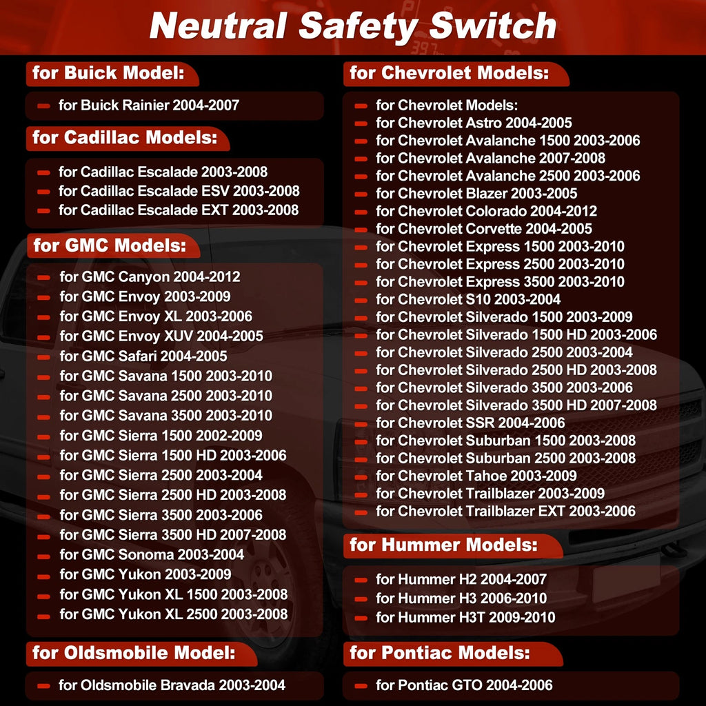 Rear Neutral Position Safety Switch for Cadillac GMC Hummer (924-432)
