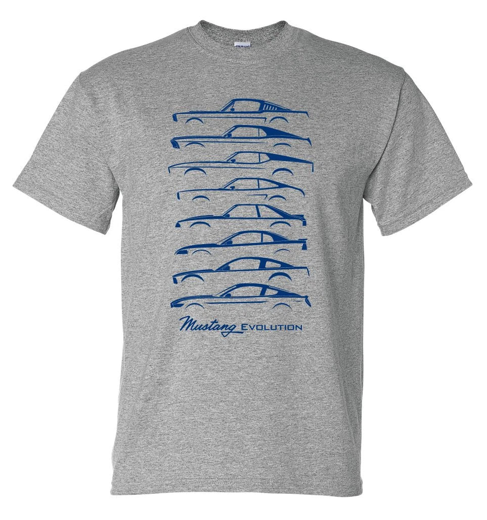 Ford Mustang T-Shirt Gray Blue Evolution Graphic for Ford Mustang (1964–2019)