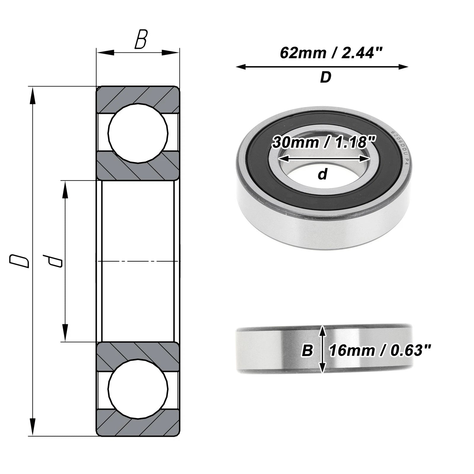 6206DDU Deep Groove Ball Bearing for Scooter/Skateboard (30x62x16mm)