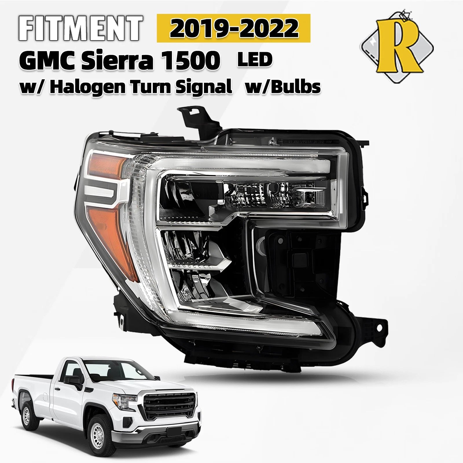 LED DRL Headlight w/Halogen Turn Signal for GMC Sierra 1500 (2019–2022)