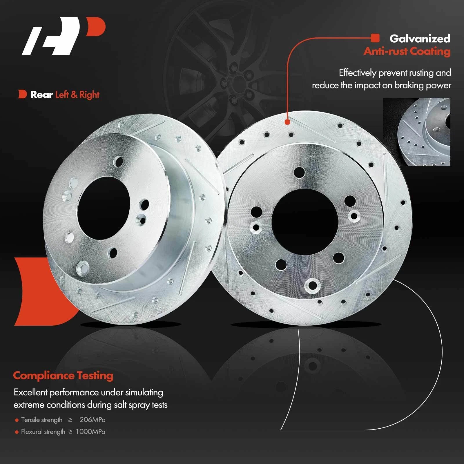 Set of 2 Rear Drilled Brake Rotors & Ceramic Pads for Kia Forte (2010–2013)