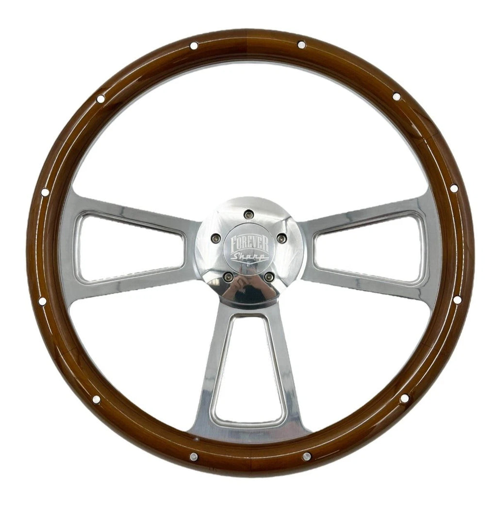Polished 5 Spoke Steering Wheel Dark Wood Wrap with Rivets for Peterbilt Kenworth (2010–2025)