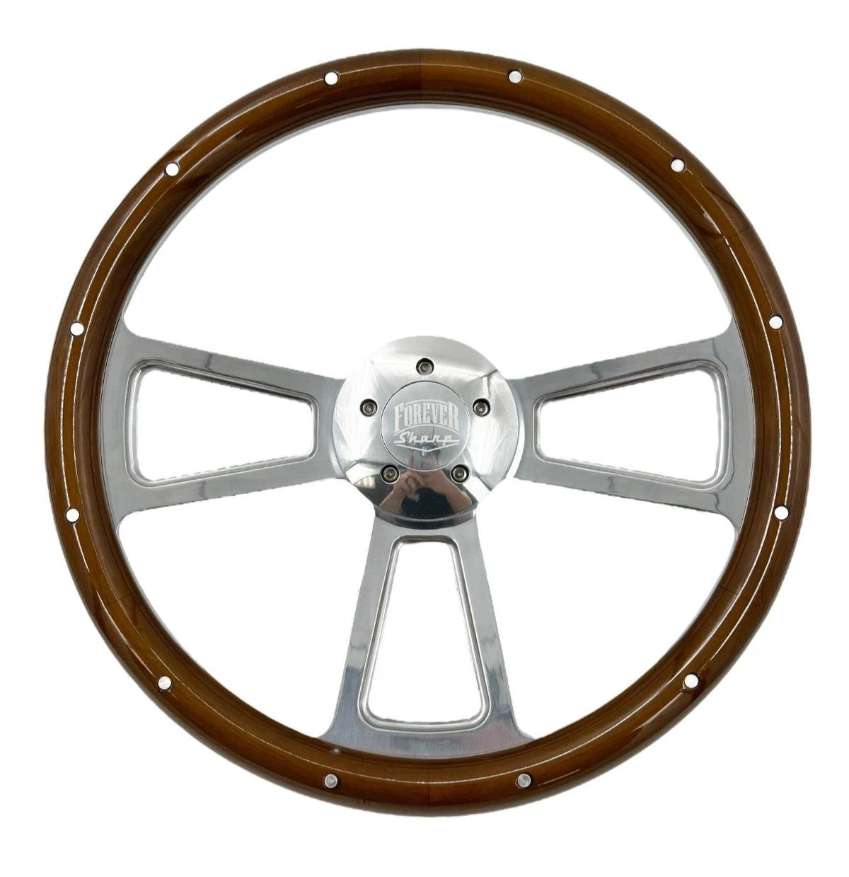 Polished 5 Spoke Steering Wheel Dark Wood Wrap with Rivets for Peterbilt Kenworth (2010–2025)