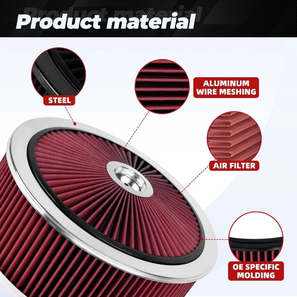 14" Red Round Deep Dish Air Cleaner Kit for Universal Vehicles