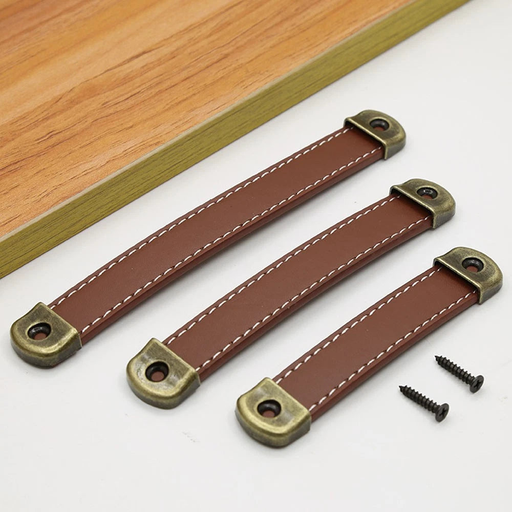 2X Red Brown Leather Door Pull Handles for Cabinet Dresser Drawer