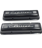 Black Aluminum Cadillac Script Valve Covers for Small Block Chevy (1957–1969)