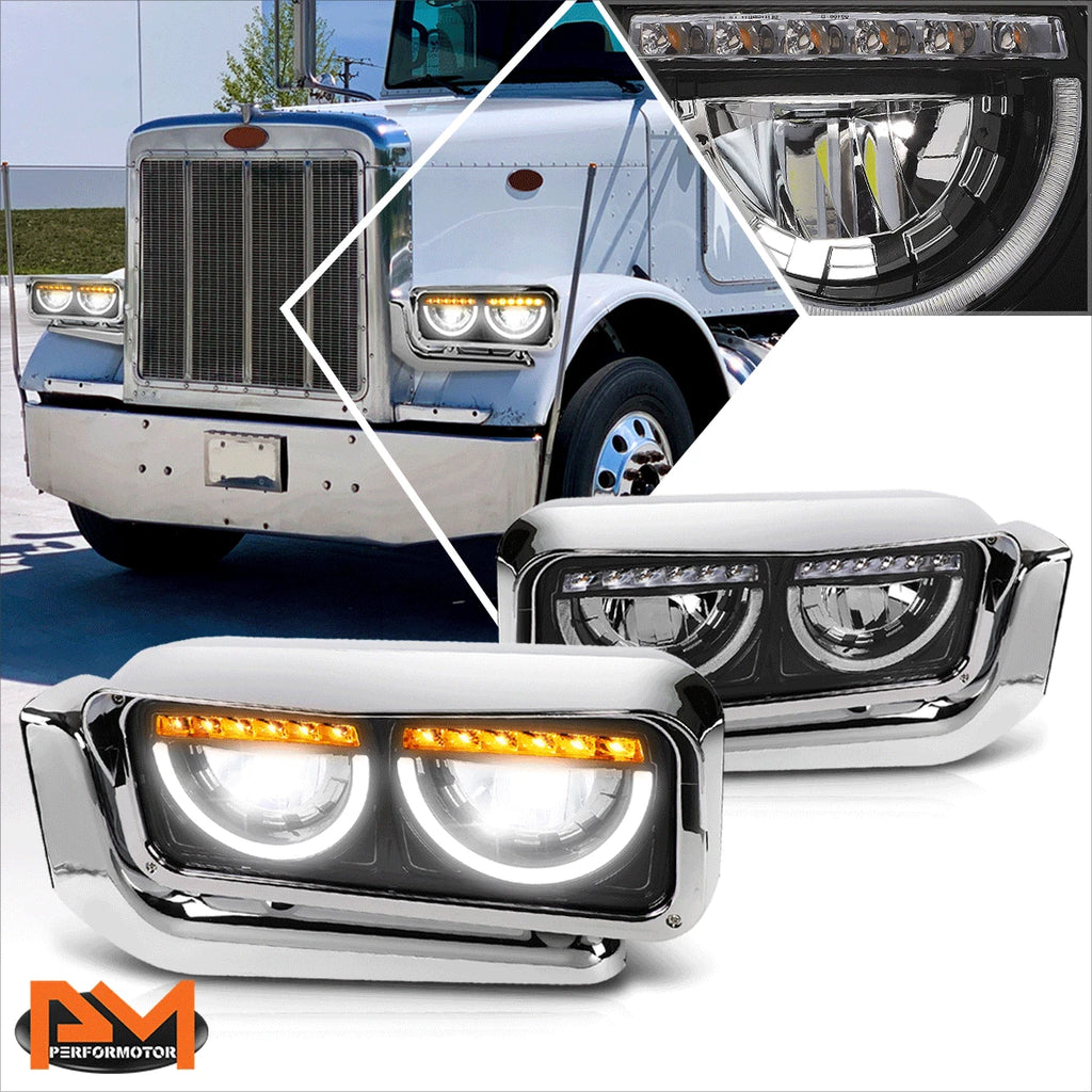 Full LED Dual U-Shape Halo DRL Headlights for Peterbilt 359 379 389 (1981–2021)