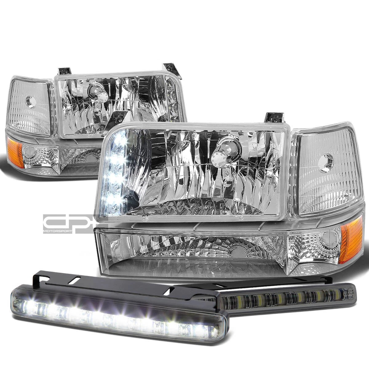 Chrome Housing LED Headlight Set + Amber Corner + DRL Fog Light for Ford F150 (1992–1996)