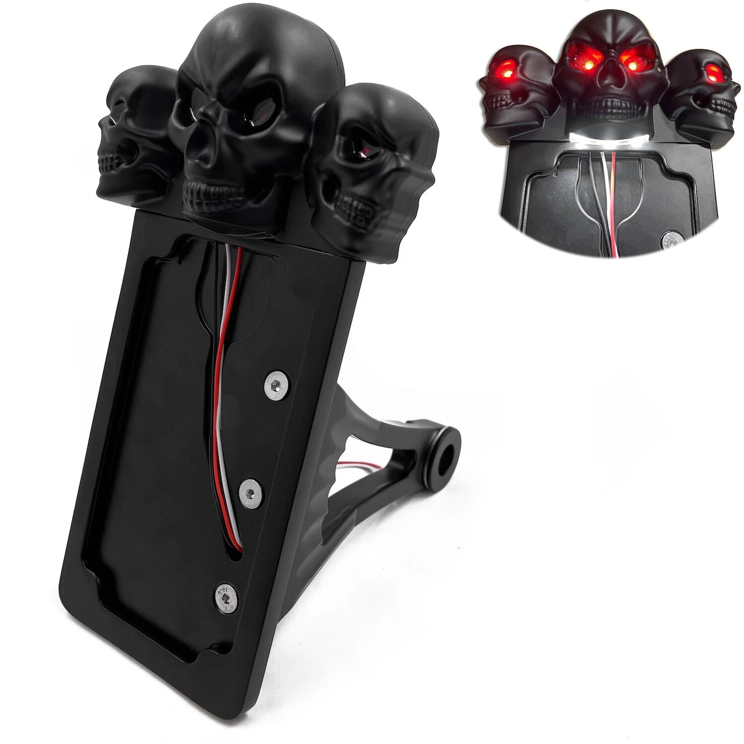 Black Side Mount License Plate Bracket w/ Skull LED Tail Light for