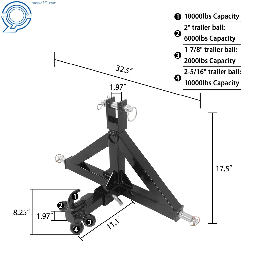 Heavy Duty 3-Point 2" Trailer Hitch Receiver for Category 1 Tractor