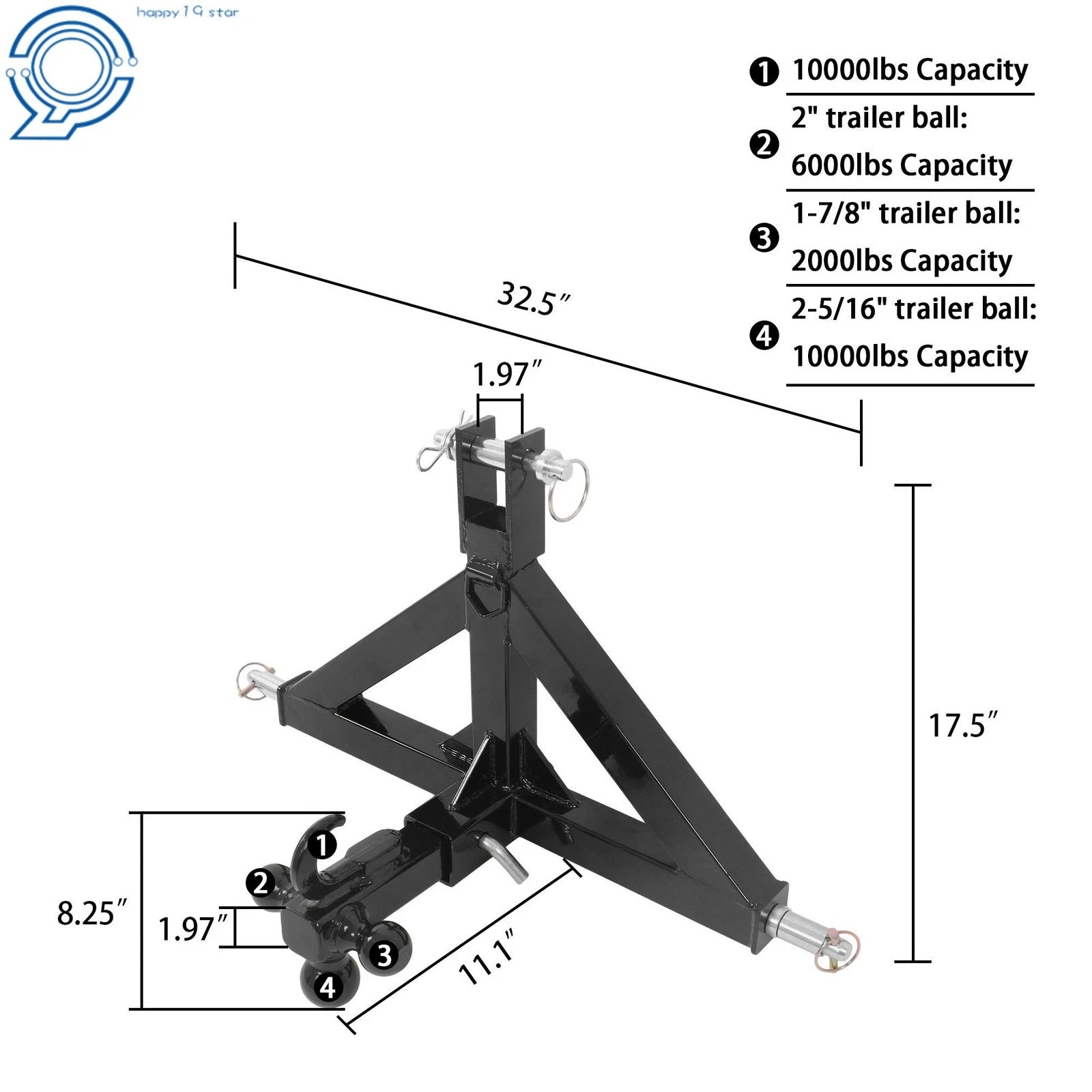 Heavy Duty 3-Point 2" Trailer Hitch Receiver for Category 1 Tractor