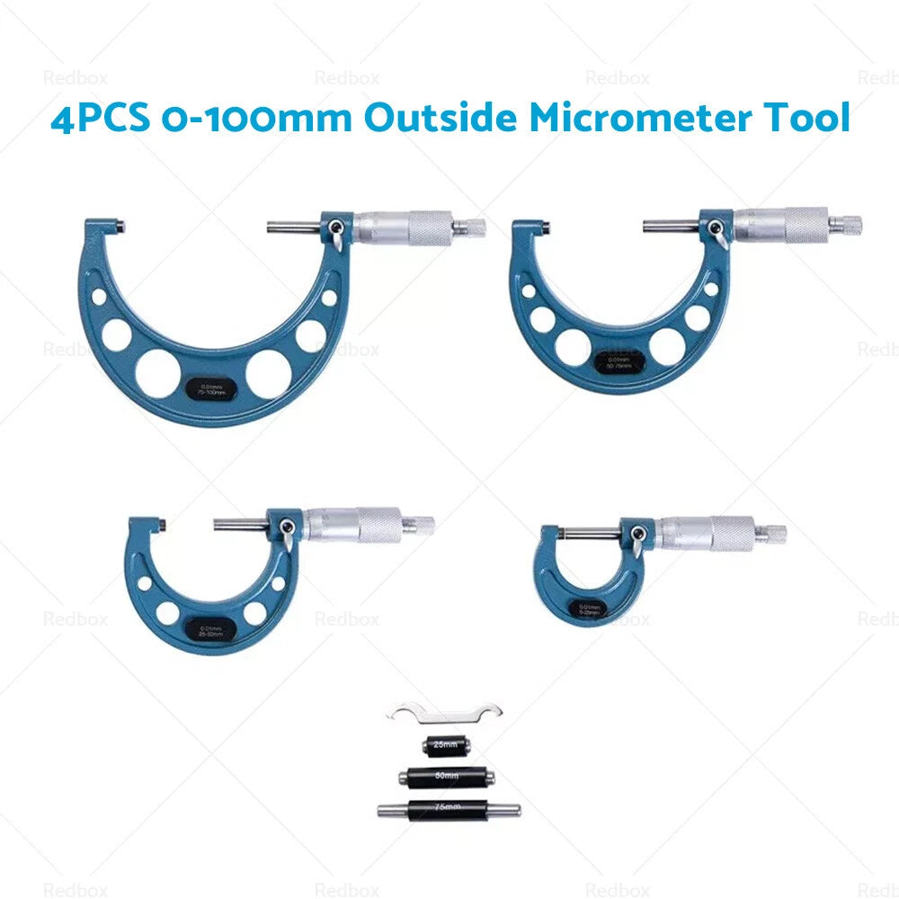 Set of 4 Outside Micrometers 0-100mm 0.01mm for Machinist Tool