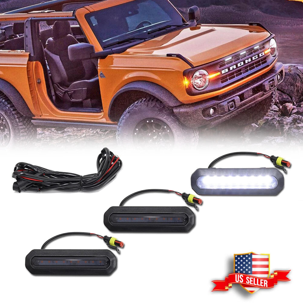 3PCS Smoked White LED Front Grille Lights for Ford Bronco (2021–2023)