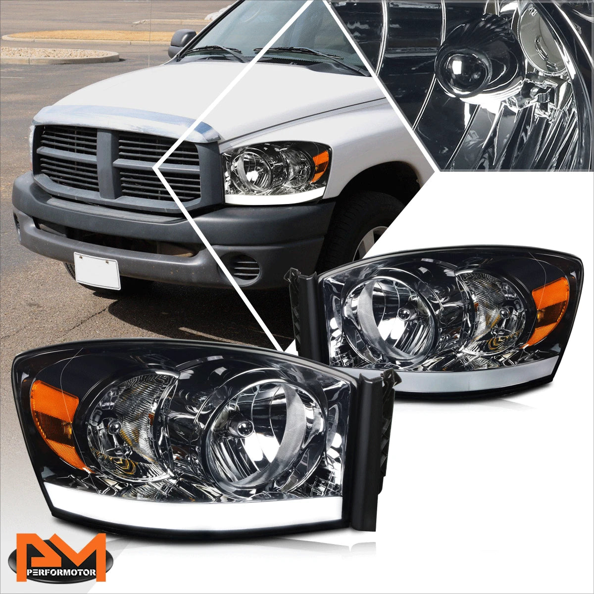 Smoked Lens Amber Corner Headlight/Lamp with LED DRL for Dodge RAM Pickup (2006–2009)