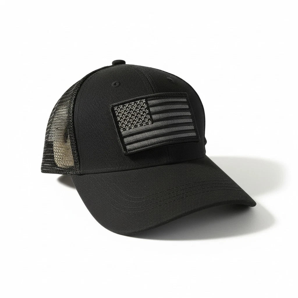 USA American Flag Tactical Cap with Detachable Patch - Black Micro Mesh