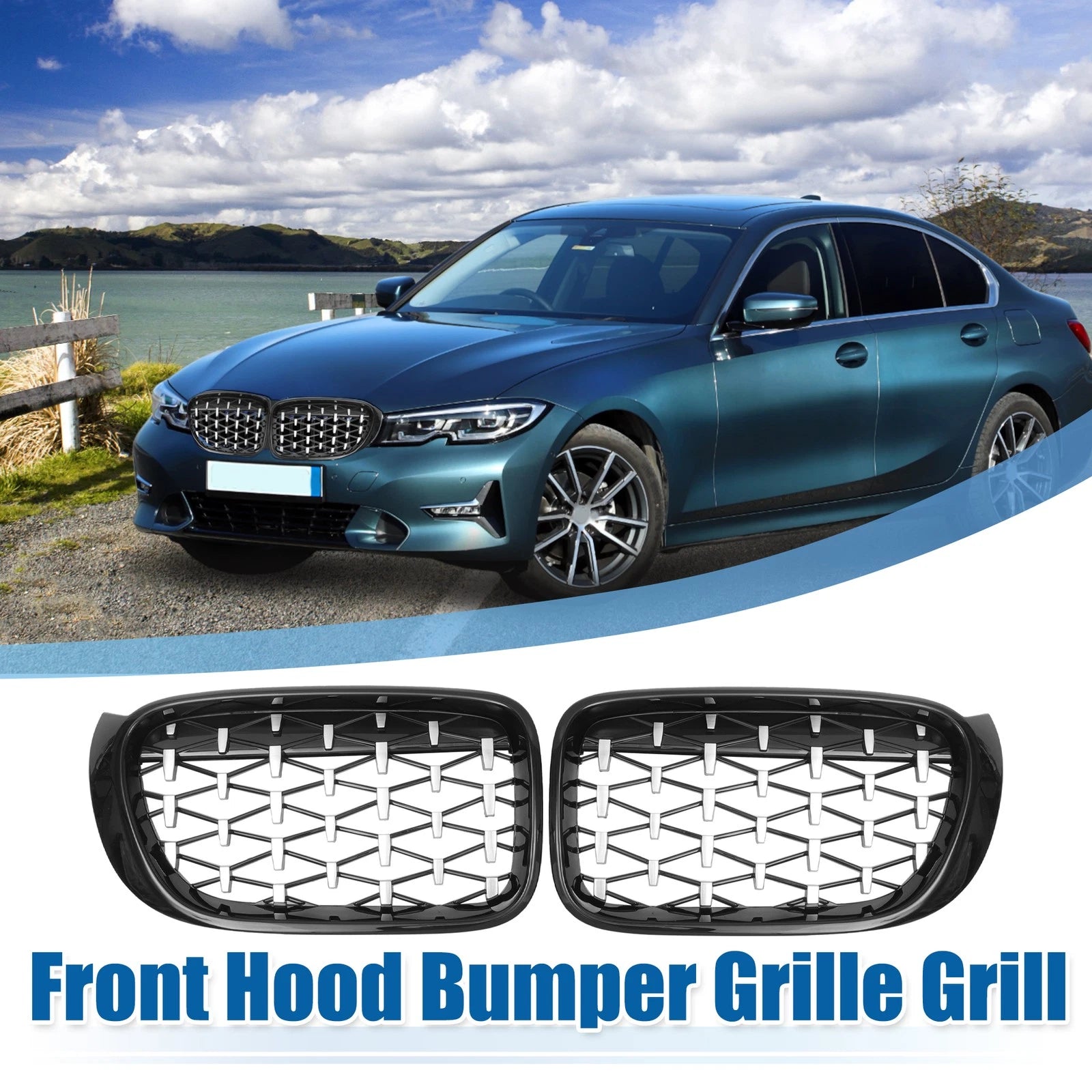 1 Pair Front Hood Bumper Grille Grill for BMW X3 (2014–2017) Diamond Star Black