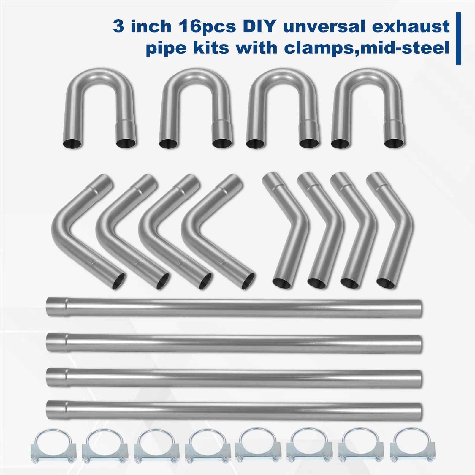 16Pcs 3" Mild Steel Mandrel Exhaust Pipe Bend Kit for Universal Fit