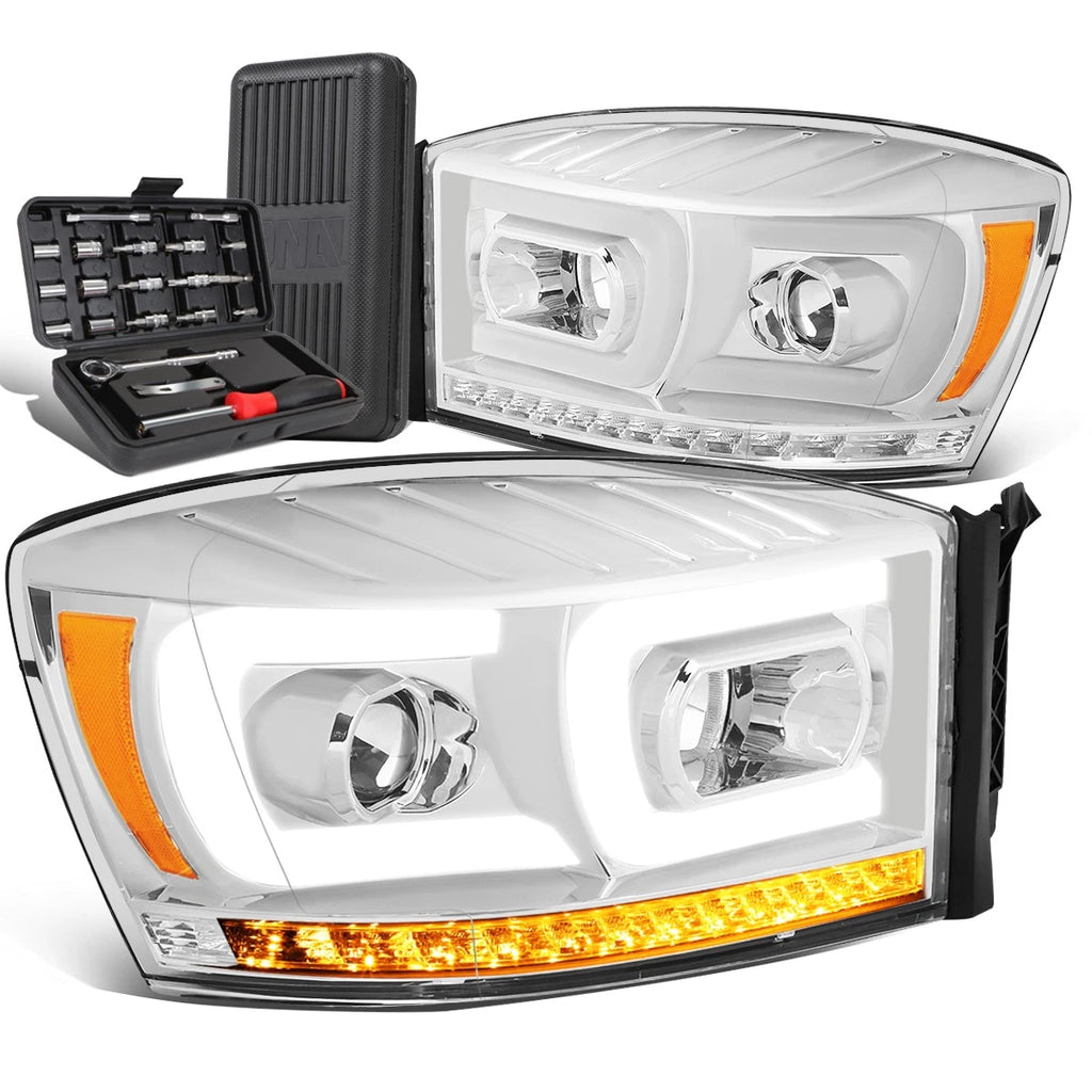 LED Chasing Projector Headlight for Ram Truck (2006–2009) + Tool Box Chrome Amber