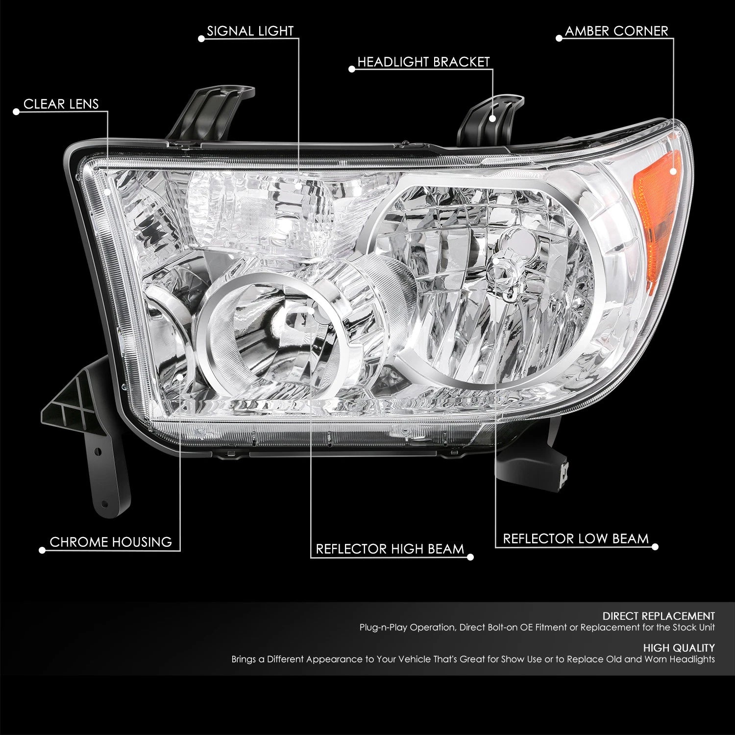 Left Chrome Housing Projector Headlight for Toyota Sequoia Tundra (2007–2017)