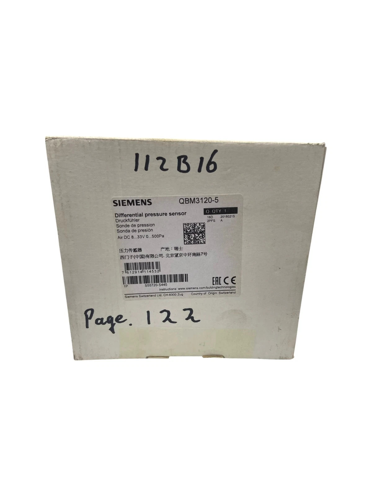 Air Duct Differential Pressure Sensor Siemens QBM3120-5 for DC 8-33V