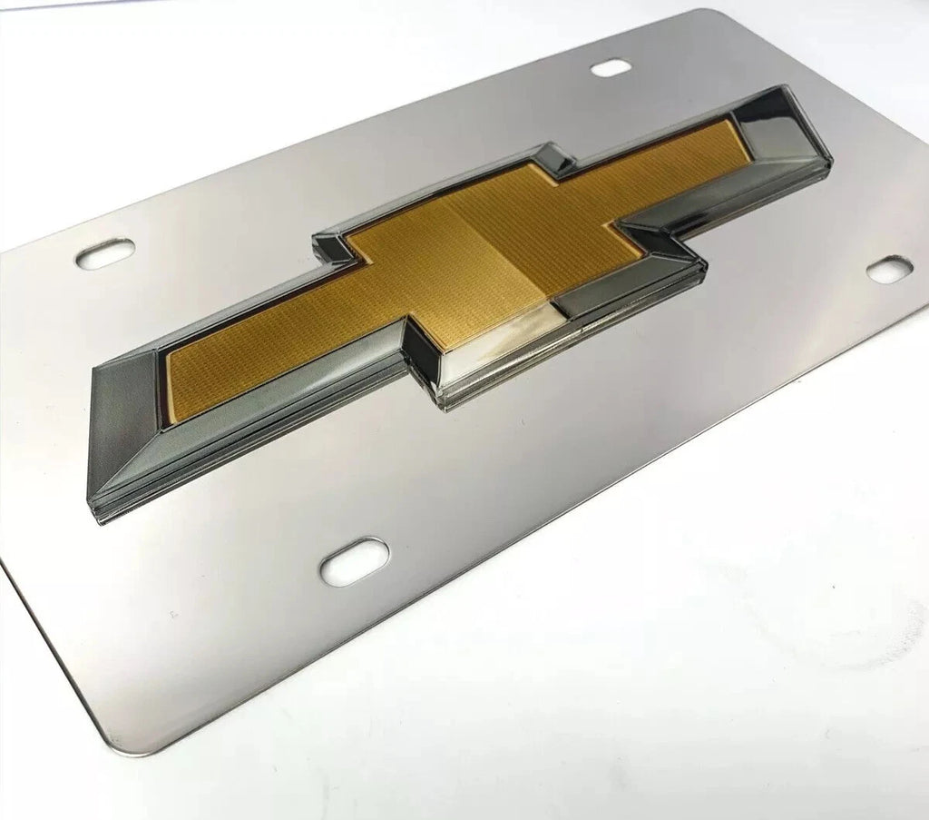 Chrome Chevy Bowtie Emblem License Plate with 3D Gold Gloss Logo for Chevrolet
