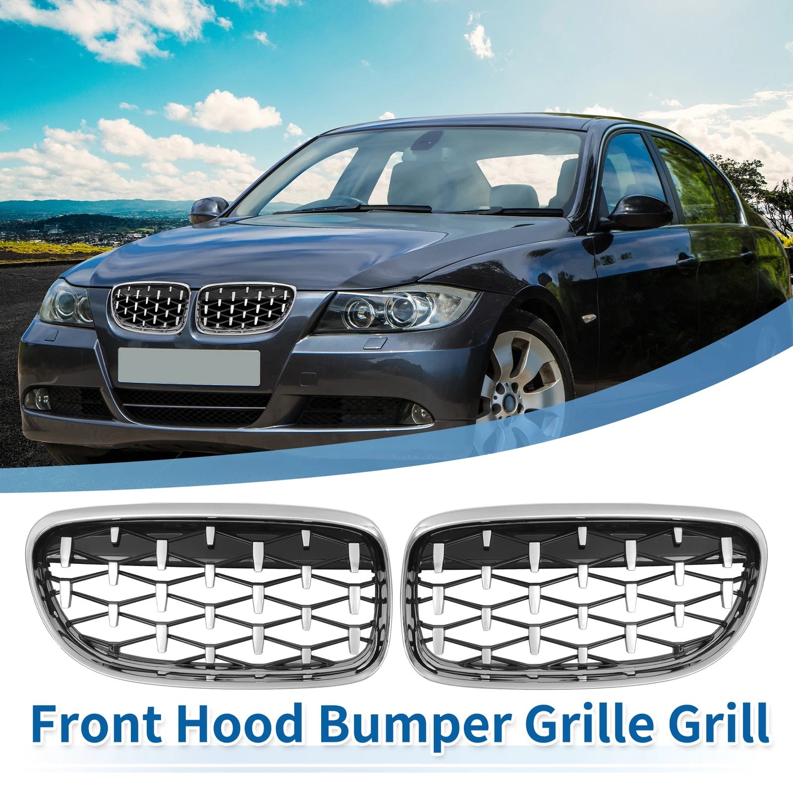 Set of 2 Front Hood Grille for BMW 335d 328i 335i E90 (2007–2013) Silver Tone