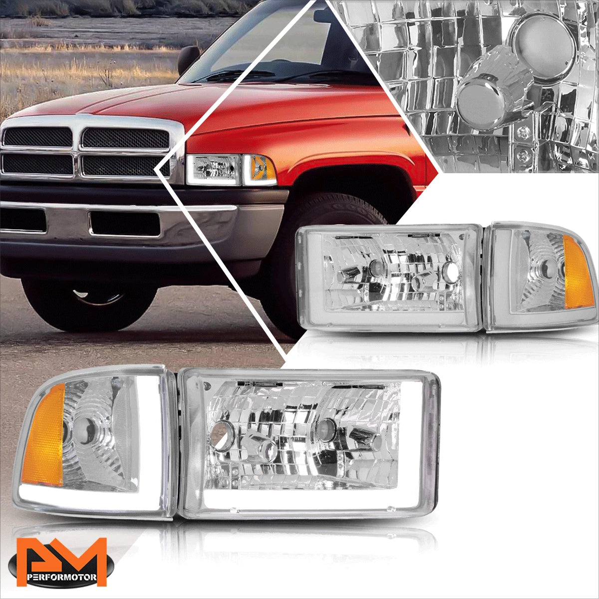 Dual L-Bar LED DRL Headlight for Dodge Ram (1994–2002) - Chrome Housing