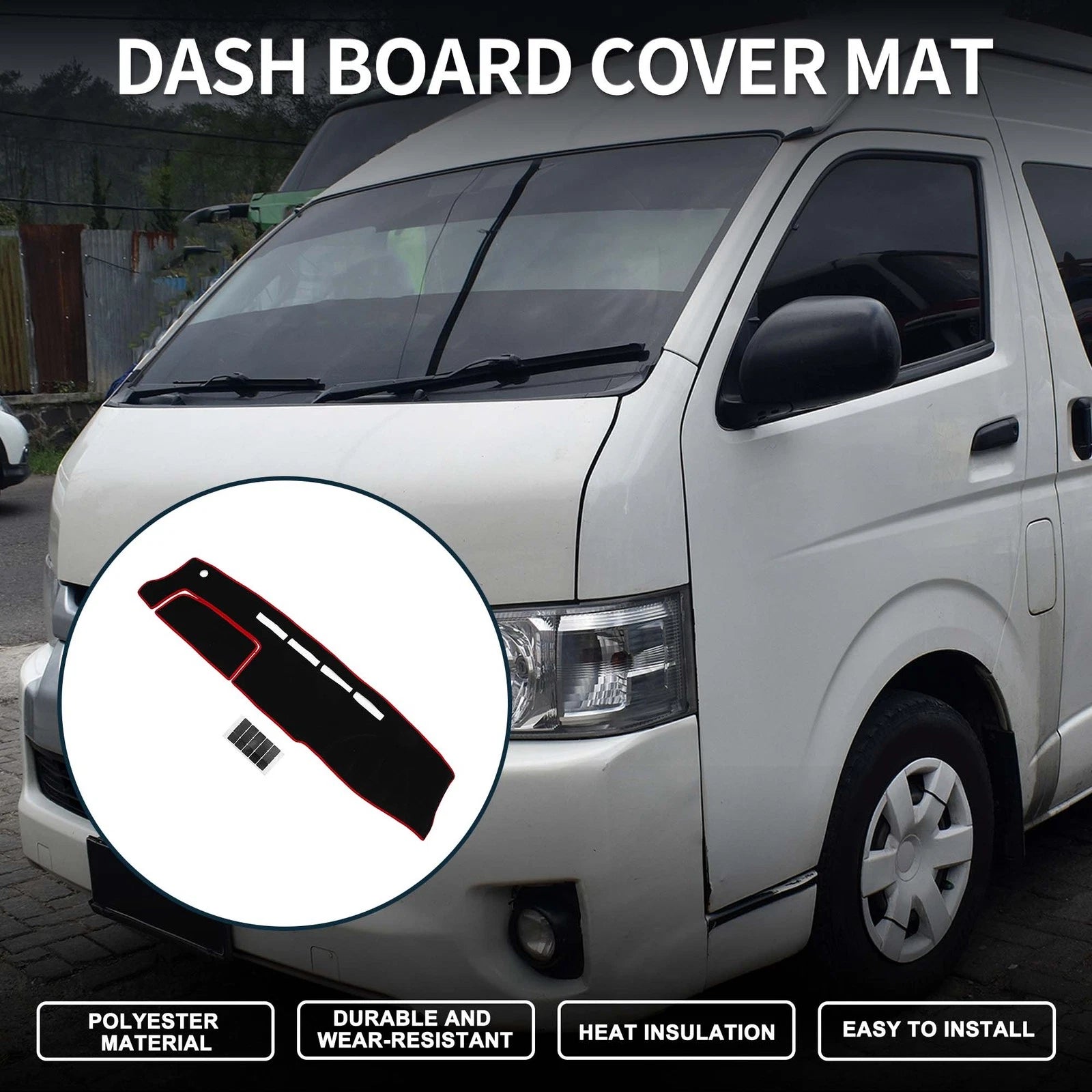 Dashboard Cover Mat for Toyota Hiace (2004–2024) with Sticker Black Red
