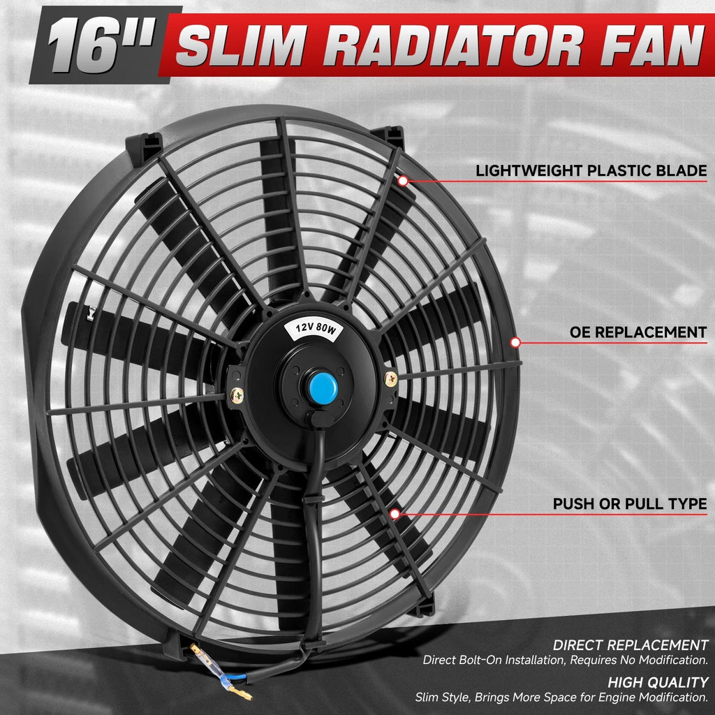 16" Black Slim Electric Reversible Radiator Cool Fan for Universal Fit