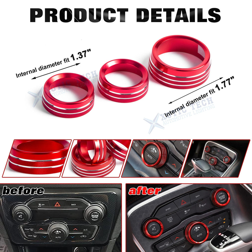 Red Anti-Dust Floor Mats+AC Radio Knob+Engine Button Covers for Challenger (2015-2023)