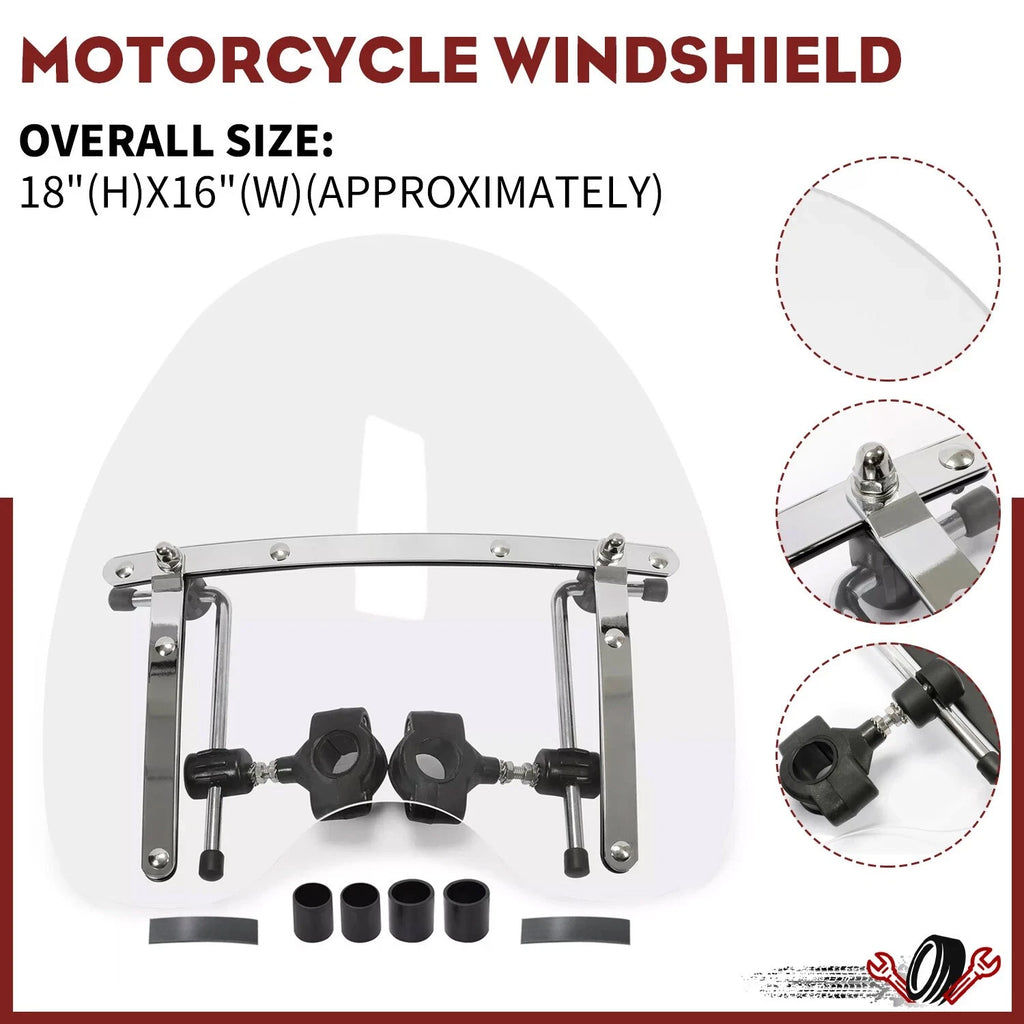 18" x 16" Clear Windshield for Harley, Honda, Suzuki, Yamaha, Kawasaki (YYYY–YYYY)