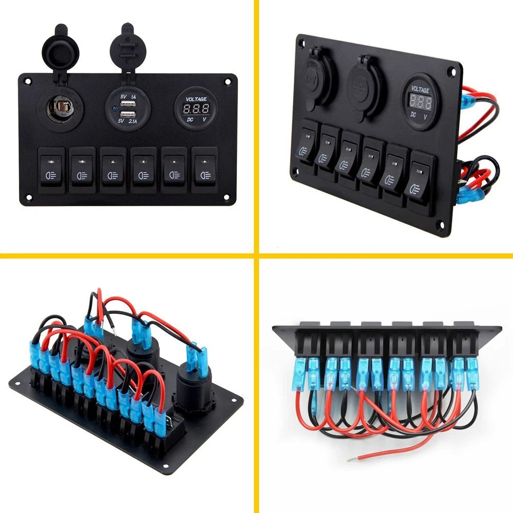 6-Gang Waterproof Rocker Switch Panel with Blue LED for Marine Boat
