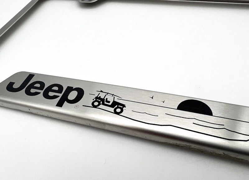 Brushed Stainless License Plate Frame with Jeep Script for Jeep Wrangler (2007–2023)