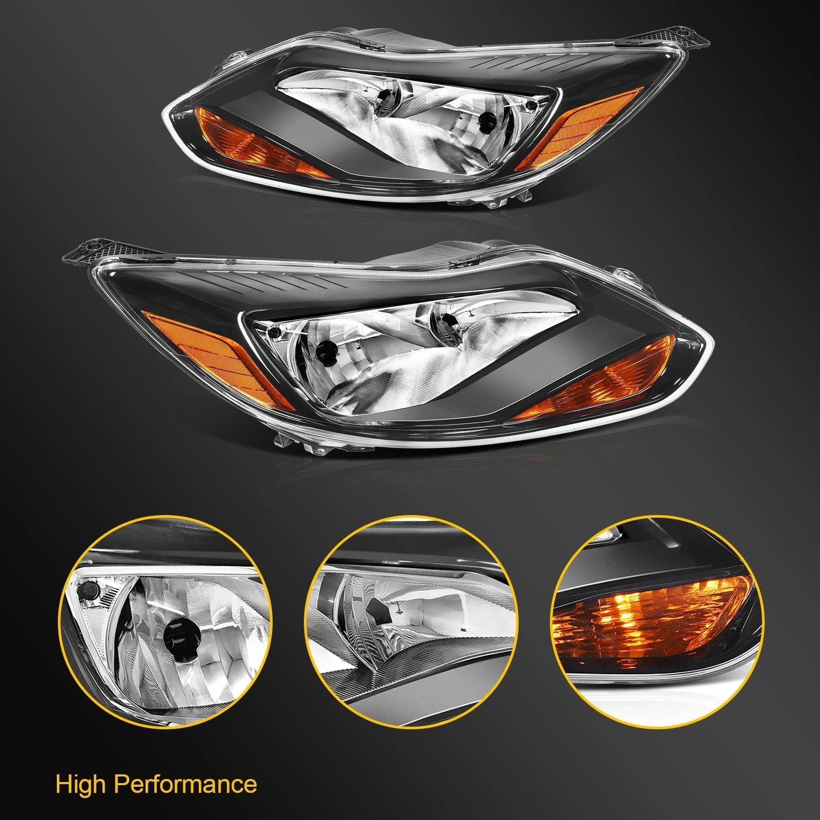 2X Headlight Assembly for Ford Focus (2012–2014) Black Amber Housing