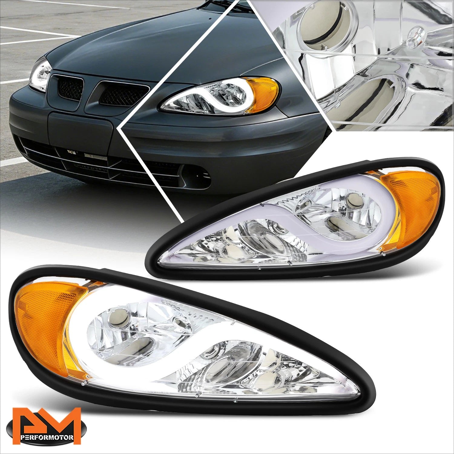 LED DRL Headlight Lamps for Pontiac Grand Am (1999–2005) Chrome Housing Amber Corner