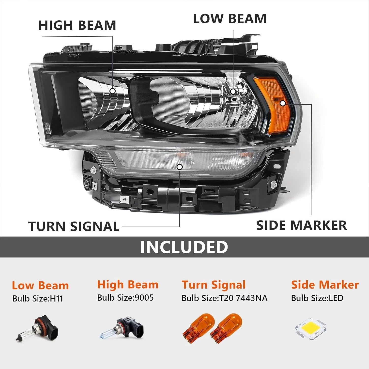 Left Headlight for Ram 2500 3500 (2019–2024) Halogen Black