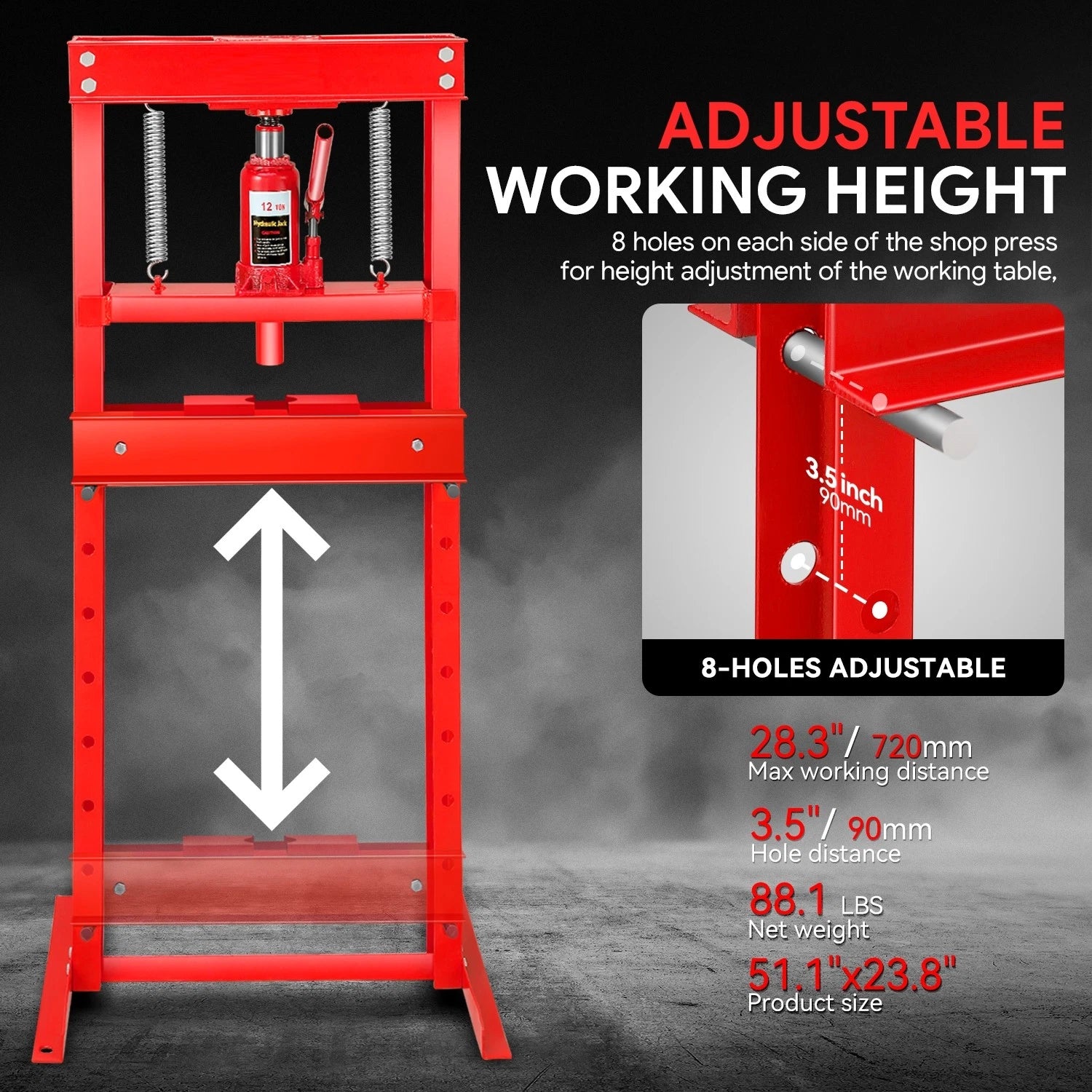 Adjustable Steel H-Frame Hydraulic Floor Press for Garage (12 Ton, 26400 lbs)