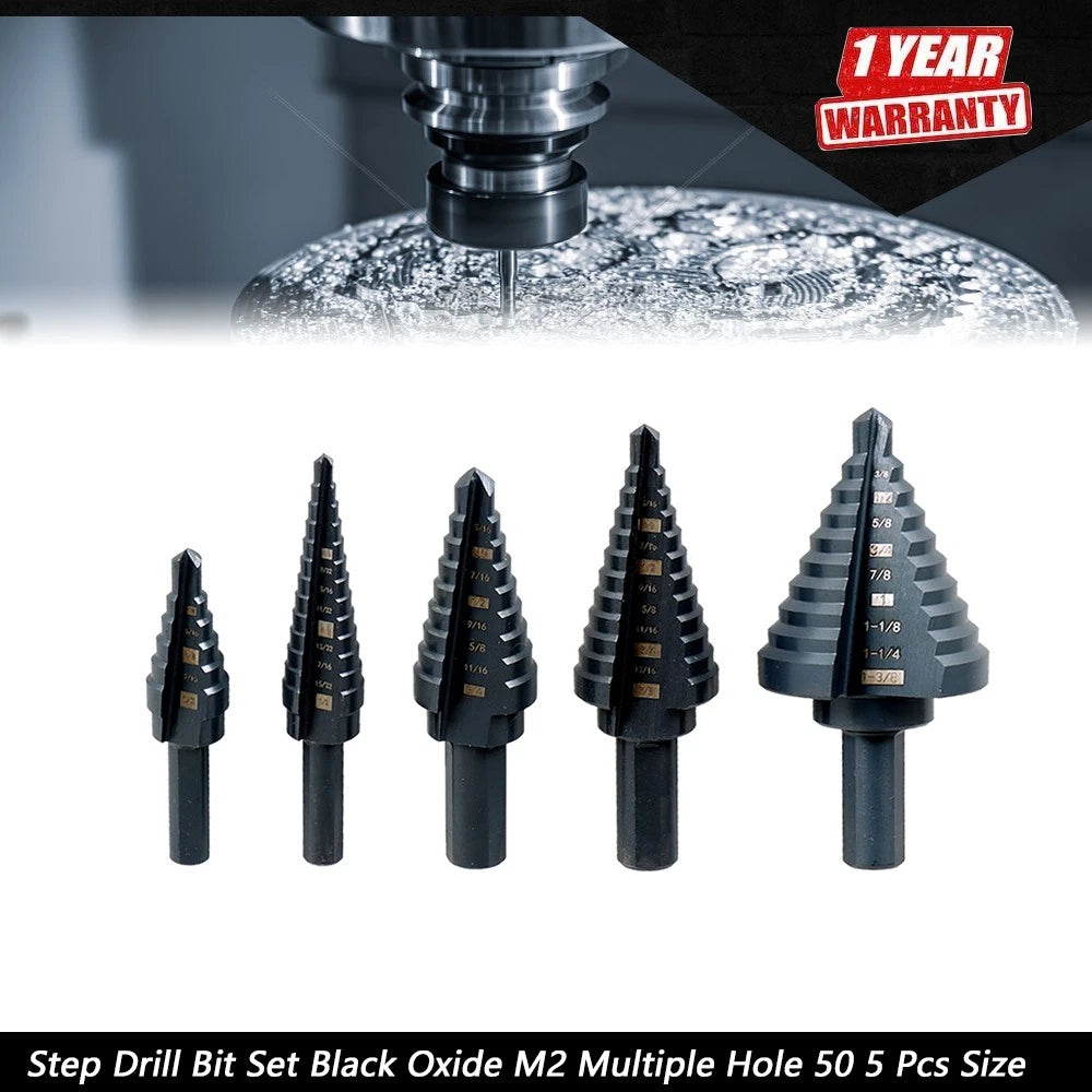 Set of 5 Step Drill Bits Black Oxide M2 1/8-1-3/8"