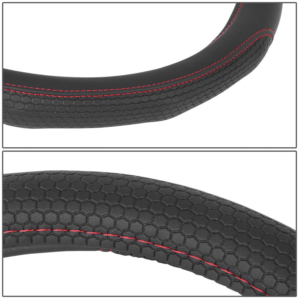 Steering Wheel Cover Black Hexagon Pattern Red 14.5" for Universal Fit