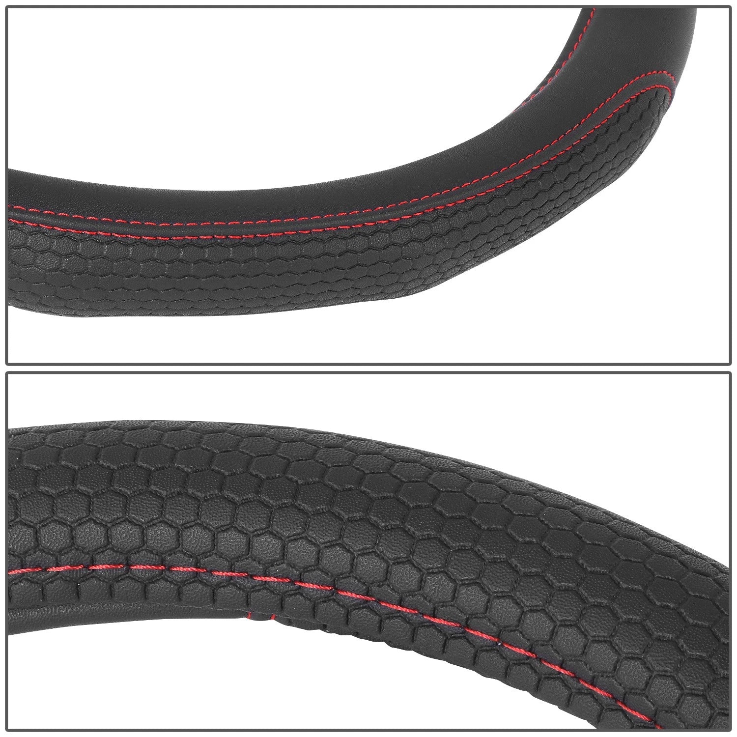Steering Wheel Cover Black Hexagon Pattern Red 14.5" for Universal Fit