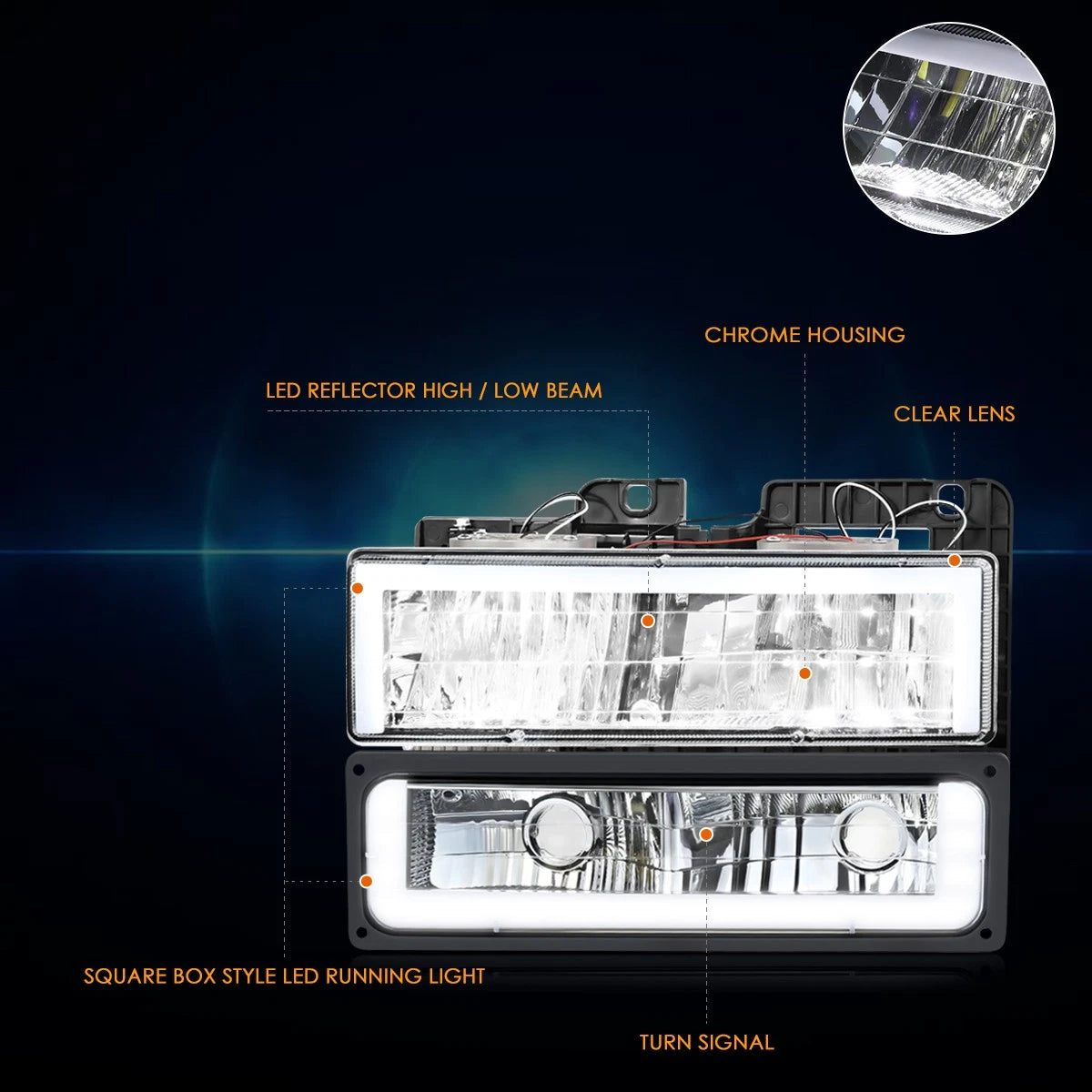 LED DRL Headlights Chrome for Chevy GMC C/K Suburban Tahoe Yukon (1988–2000)